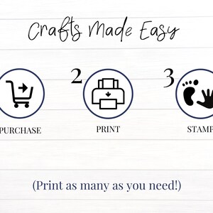 May include: A white background with a blue and black graphic showing three steps to make crafts. The steps are numbered 1, 2, and 3. Step 1 is a shopping cart with an arrow pointing to the right, labeled "PURCHASE". Step 2 is a printer with an arrow pointing down, labeled "PRINT". Step 3 is a footprint with a hand, labeled "STAMP". The text "Crafts Made Easy" is at the top of the graphic. The text "(Print as many as you need!)" is at the bottom of the graphic.