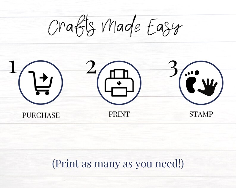 May include: A white background with a blue and black graphic showing three steps to make crafts. The steps are numbered 1, 2, and 3. Step 1 is a shopping cart with an arrow pointing to the right, labeled "PURCHASE". Step 2 is a printer with an arrow pointing down, labeled "PRINT". Step 3 is a footprint with a hand, labeled "STAMP". The text "Crafts Made Easy" is at the top of the graphic. The text "(Print as many as you need!)" is at the bottom of the graphic.