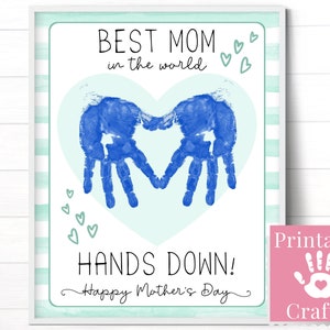 Recuerdo de la huella de la mano del regalo del Día de la Madre, manualidad para niños pequeños en edad preescolar de niños a mamá, plantilla de tarjeta fácil de imprimir