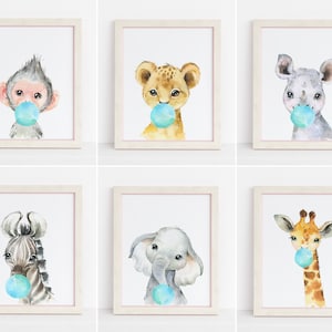 Safari Nursery Decor, Set of 6 Wall Art, Baby Animals Blowing Blue Bubble Gum