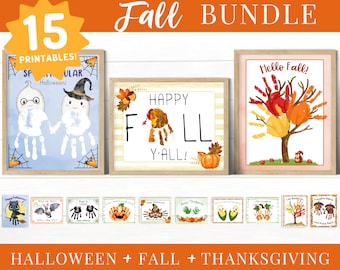 May include: A set of 15 printable handprint art designs for fall and Halloween. The designs include a ghost, a pumpkin, a turkey, and a fall leaf. The text "15 Printables!" is in a yellow star shape at the top of the image. The text "Halloween!" is in a blue and white banner. The text "Hello Fall!" is in a red and white banner. The text "Happy Fall Y'all!" is in a yellow and brown banner. The text "HALLOWEEN + FALL + THANKSGIVING" is at the bottom of the image.