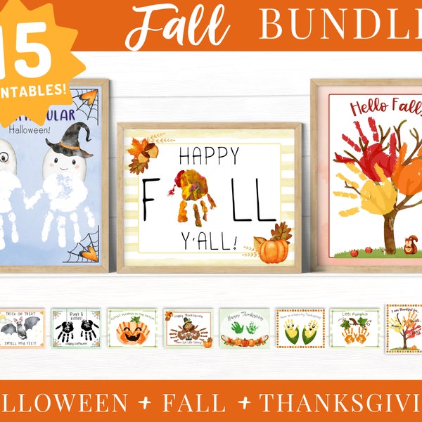 Fall Handprint Crafts Bundle, Preschool Printable Set, Easy Toddler Art, Halloween Thanksgiving Activities for Kids