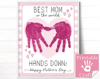 Cadeau de fête des mères de la fille, carte d'empreinte de main bricolage rose pour les tout-petits, art souvenir sentimental imprimable pour l'école maternelle