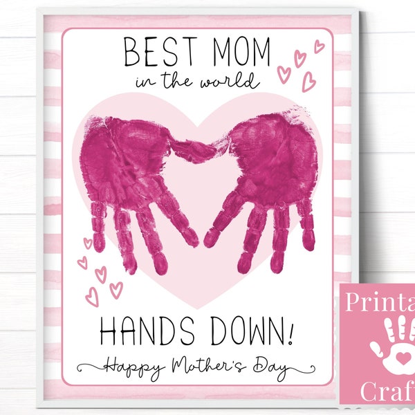 Mother’s Day Gift From Daughter, Pink DIY Handprint Card for Toddler Kids, Printable Sentimental Keepsake Art for Preschool