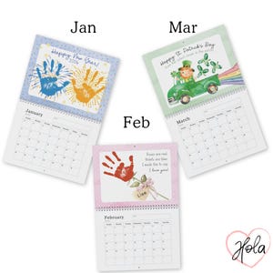 May include: A set of three open calendars, each displaying a different month. January features handprints and "Happy New Year! 2026". February has a handprint with a poem. March shows a leprechaun in a truck with "Happy St. Patrick's Day".