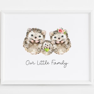 Presente de chá de bebê da floresta, decoração de parede de retrato de família, ilustração de ouriço, presentes de bebê personalizados, download digital