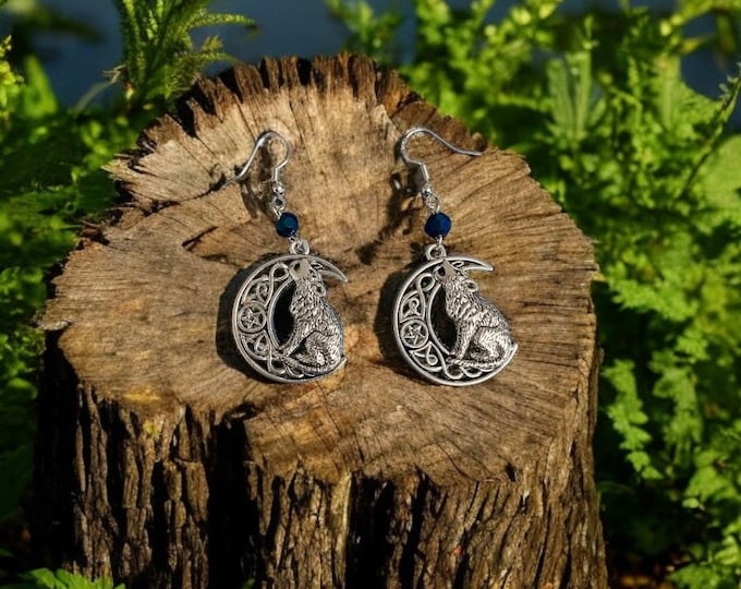 Boho earrings wolf and howling moon