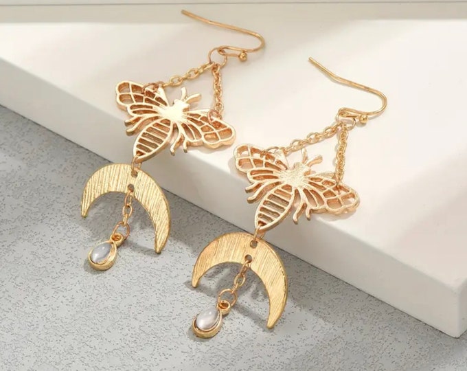 Boho Bee and Moon Earrings