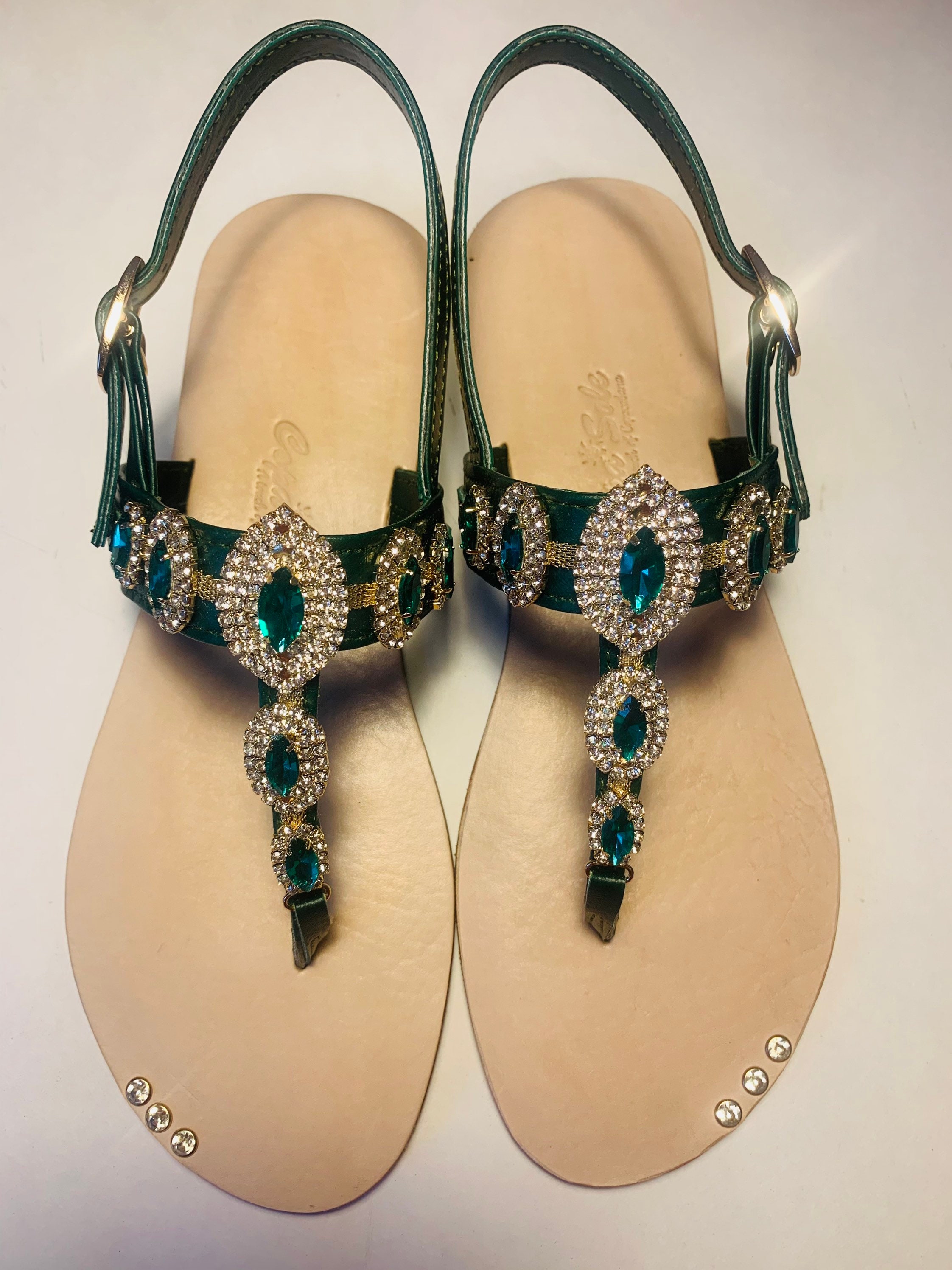 Emerald green. Elegant handcrafted Jeweled leather sandals Etsy