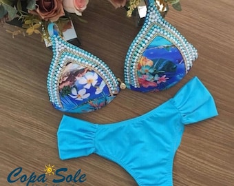 Luksusowy, seksowny, mały brazylijski komplet bikini haftowany ręcznie, wyjątkowy, ekskluzywny, biżuteryjny, bikini z kryształkami, kolorowe bikini, strój kąpielowy