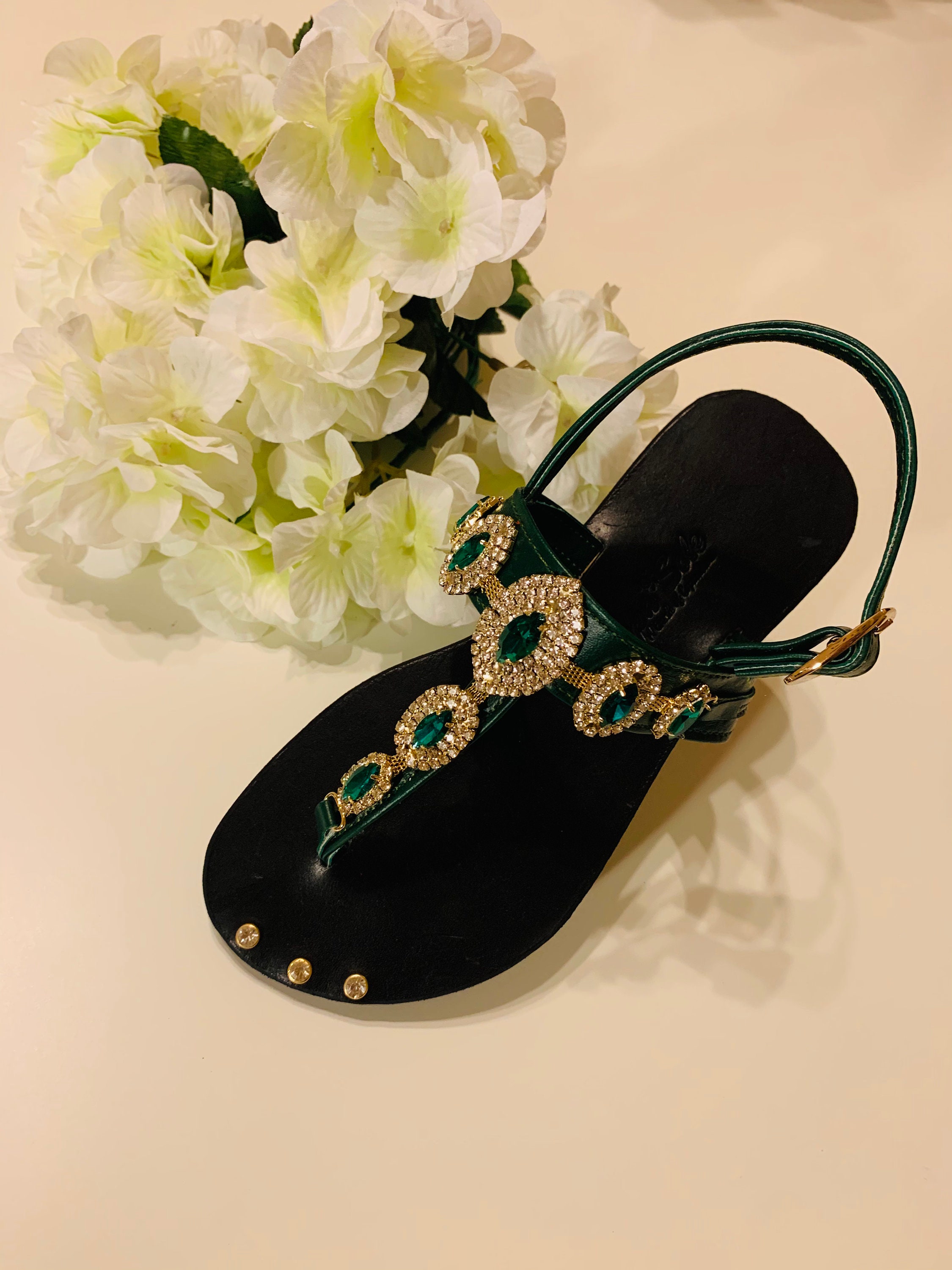 Emerald green. Elegant handcrafted Jeweled leather sandals Etsy