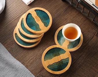Bamboo Wood resin coaster Unique design high quality light bamboo color square round coaster ocean drink stand tray table protector