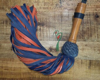 Topgrain Leather Flogger - Cobalt Blue and Orange with Osage Orange Hardwood Handle