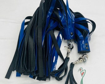 Leather Finger Loop Florentine Floggers - Blue Patent & Black