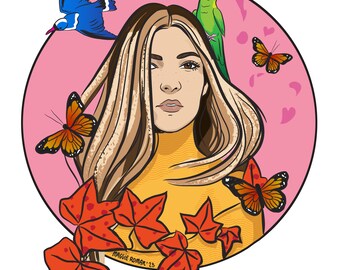 May include: A digital illustration of a woman with long blonde hair, wearing a yellow turtleneck sweater. She is surrounded by butterflies, birds, and leaves in a pink circle. The text "Maggie Romar '23" is at the bottom of the circle.