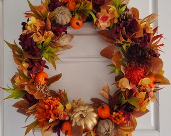 Autumn Fall Winter Thanksgiving wreath| Seasonal door hanging| Autumn pumpkin wreath in burnt orange and burgundy