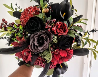 Rustic Gothic dark Wedding hand-tied bridal bouquet in burgundy, deep reds and black, With matching accessories for the whole bridal party