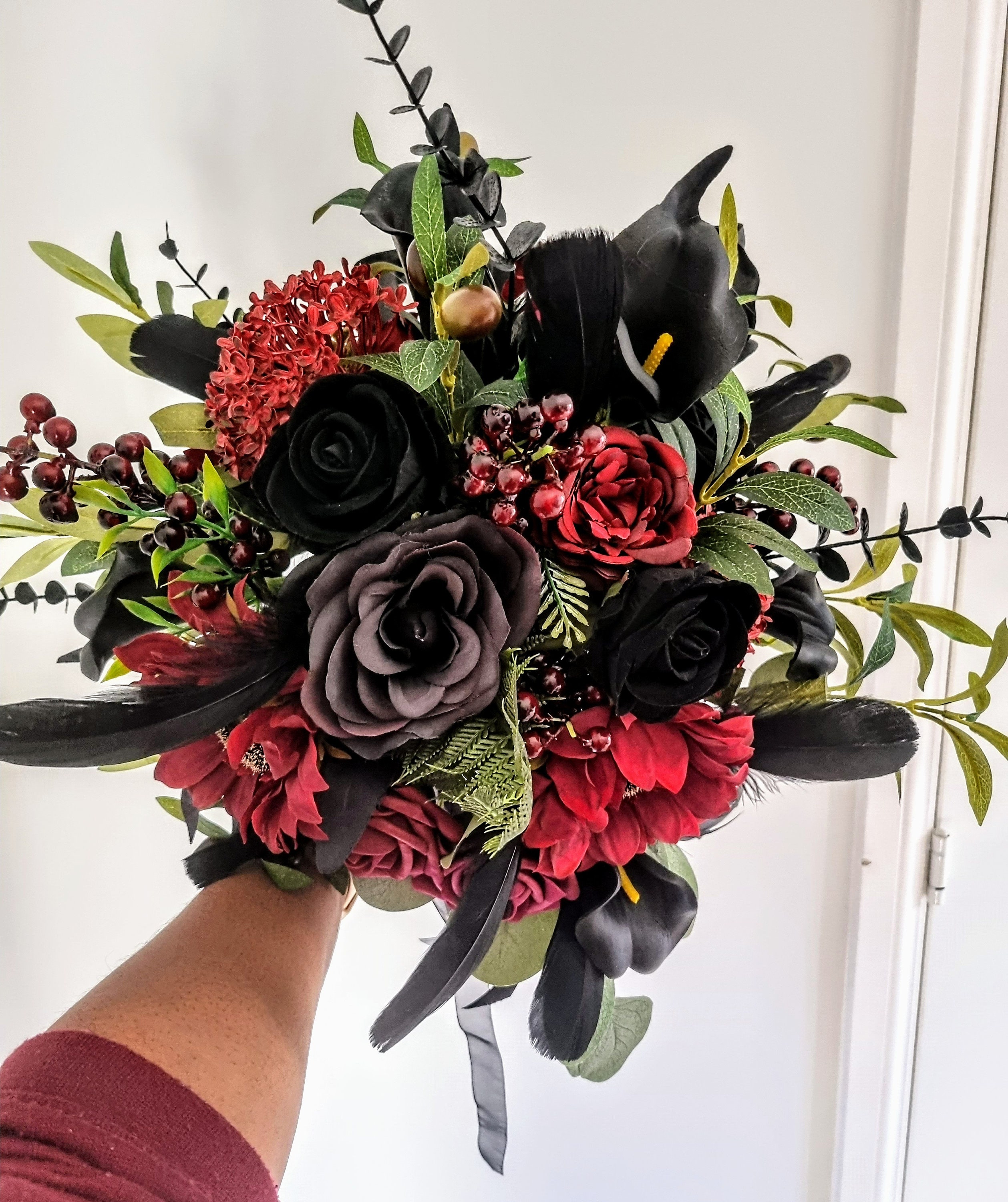 Rustic Gothic Dark Wedding Hand-Tied Bridal Bouquet in Burgundy, Deep Reds & Black, With Matching Accessories For The Whole Party