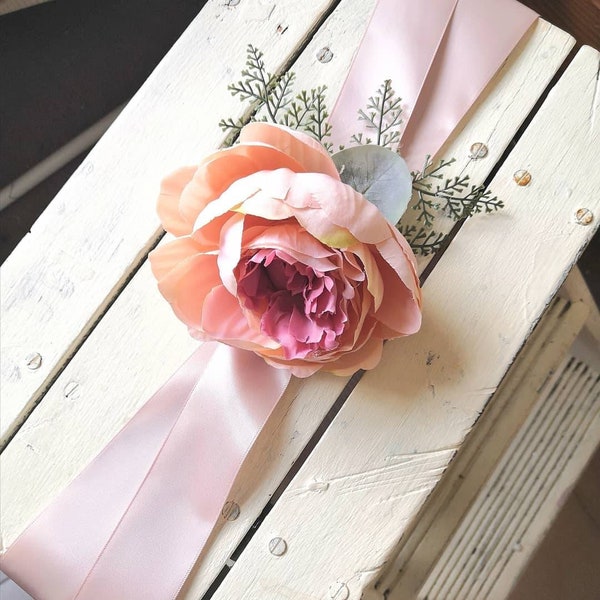Single peony chair ties for Weddings, functions and other occasions, chair cover tie backs, floral chair tie back, flower ribbon tie corsage