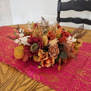 Autumn Fall Winter LED candle holder display centrepiece with artificial flowers | Autumn bride wedding table centre| Thanksgiving decor