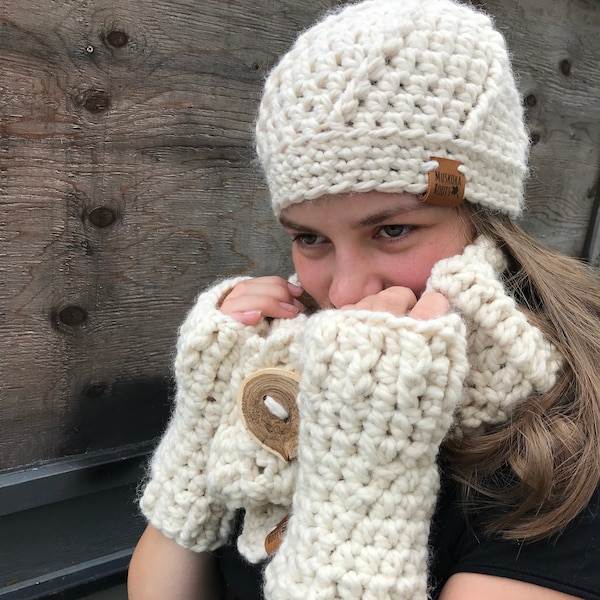 Cream Hat - Cowl and Fingerless Gloves Set - Winter Hat and Scarf Set - Chunky Scarf - Cozy Hat and Gloves - Chunky Fingerless Gloves - Knit