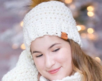 Ladies Pom Pom Hat, Woman's Winter Hat, Crocheted Hat, Ladies Toque, Chunky Winter Hat, Faux Fur Pom Pom, Ladies Knit Hat