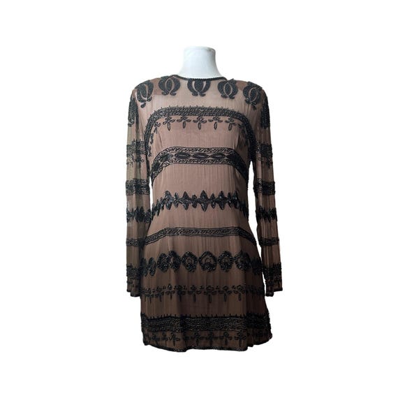 VIE by Victoria Royal Vintage Silk Brown Black Beaded Mini Dress Size 8 LS  - Etsy