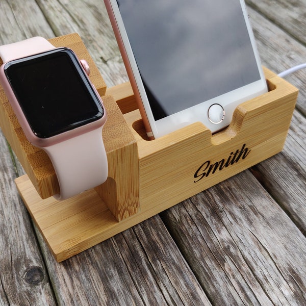 Bamboo Wood Phone Docking Station,Personalized Gift, Apple Charging Station, Night Stand, Christmas Gift, Next Day Shipping