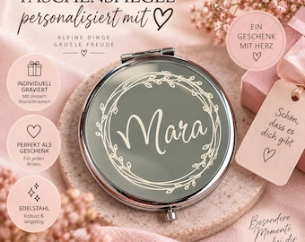 Personalized pocket mirror with custom name | Engraving of your choice | 2 designs | Gift for women | Small mirror