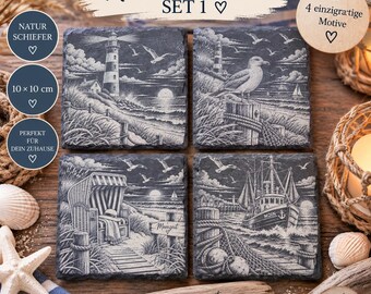 North Sea slate coasters, set of 4 – lighthouse, seagull, beach chair, crab cutter – maritime coasters – seaside gift