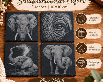 Elephant Slate Coasters, Set of 4 | 10 x 10 cm | Engraved Elephants | Slate Coasters | Gift for Animal Lovers | Decorative Items