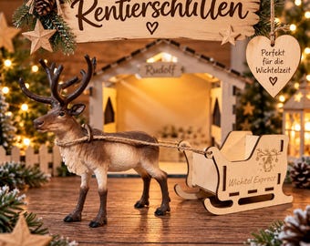 Wooden reindeer sleigh | Christmas elf accessories | Sleigh for elf door | Reindeer accessories | Advent elf decorations