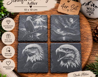 Set of 4 slate coasters with eagle designs | 10 x 10 cm | Engraved coasters made of natural slate | Eagle motifs | Gift for eagle fans