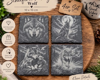 Set of 4 slate coasters with wolf design | 10 x 10 cm | Engraved coasters made of natural slate | Wolf motifs | Gift for wolf fans