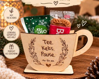 Wooden mug with engraving – Tea & biscuit gift set – A little break – Gift for girlfriend, mom, colleague – 6 designs to choose from