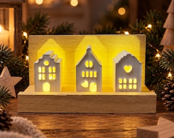 Illuminated winter village with 3 houses | Personalized wooden Christmas decorations | Light-up Christmas village houses | Gift