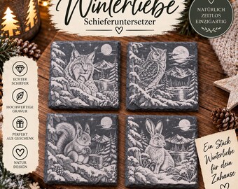 Slate coasters "Winter Love" set of 4 – lynx, owl, squirrel, rabbit – engraved woodland animals – winter gift, nature