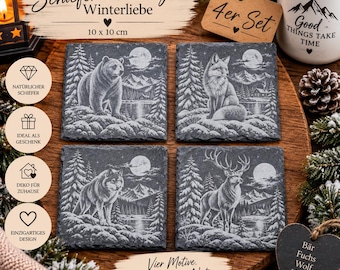 Set of 4 slate coasters, Winter Love – Engraved woodland animals – Deer, Fox, Wolf, Bear, Owl, Lynx, Hare, Squirrel – Gift idea