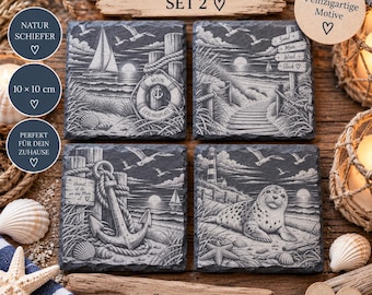 Slate coasters North Sea 4-piece set – sailboat, anchor, seal, beach path – maritime coasters – gift from the sea