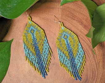 Handmade Olive Beaded Fringe Earrings || Dark Seed Bead Earrings With Sterling Silver Hooks; Green & Blue ; Boho Outfit Hippie Accessories