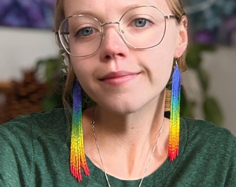 Long Rainbow Fringe Beaded Earrings  || Large Hippie Music Festival Fashion Accessories Sister Gift Long Tassel Silver Handmade Seed Bead
