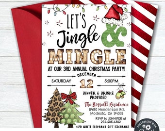May include: A red and white Christmas party invitation with a festive design. The invitation features a light-up sign that says "Let's Jingle & Mingle" and a Christmas tree with a leopard print pattern. The text on the invitation reads "At our 3rd Annual Christmas Party! Saturday, December 12, 5:00 PM. Dinner & Drinks Provided. The Borrelli Residence, 8490 Henderson Rd., Modesto, CA 94032. RSVP to Jennifer at 294.405.4302. £15 White Elephant Gift Exchange. DIY Editable Template. Instant Download - Edit & Print Today. Personalize with Corjl."