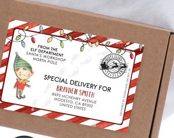 May include: A printable Christmas gift tag featuring a cartoon elf with red and white striped border, red and white candy cane lights, and the text "Special Delivery for Brayden Smith".