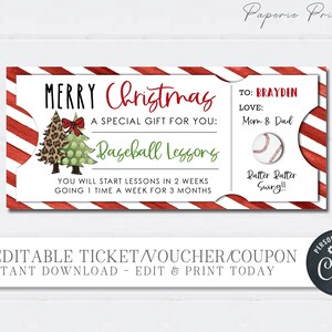 May include: A printable Christmas gift voucher with a red and white striped background. The voucher is for baseball lessons and says "Merry Christmas, a special gift for you: Baseball Lessons. You will start lessons in 2 weeks going 1 time a week for 3 months.  Patter Batter Swing!!"
