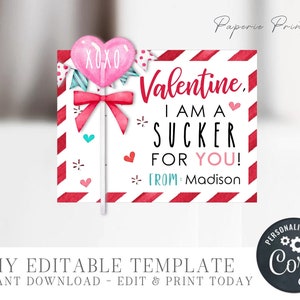 EDITABLE Sucker Valentine Cards, Kid Valentine Cards, School Valentine Tags, Printable Valentines, Sucker Printbles, DIY with Corjl #VT72