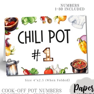 Könnte beinhalten: Eine weiße Karte mit einem Chili-Topf-Motiv. Die Karte zeigt eine rote Chilischote, eine grüne Paprika, eine Zwiebel, Knoblauch, eine Tomate und einen Topf Chili. Der Text auf der Karte lautet "Chili Pot #1". Die Karte ist 4 Zoll mal 2,5 Zoll groß, wenn sie gefaltet ist.