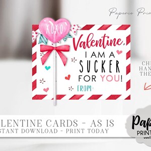 Sucker Valentine Cards, Kids Valentine Cards, Sucker Valentine Imprimible, Imprimible School Valentines, TAL CUAL, DIY - Descarga instantánea, #VT72