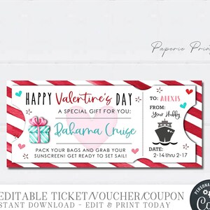 EDITABLE Cruise Ticket Valentine Gift, Valentine Gift for Her Coupon, Cruise Vacation Valentine Gift, Vacation Cruise, Edit Corjl -#VT60(15)