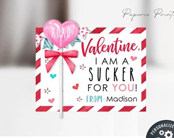 Editable Sucker Valentine Cards: School Valentine Tags (Digital Download)