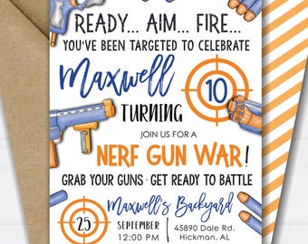 Editable Dart Gun Birthday Invitation: Dart Gun Party Invitation, Foam Dart Shooter Gun War Birthday Invitation, (DIY Corjl Template) #BP167